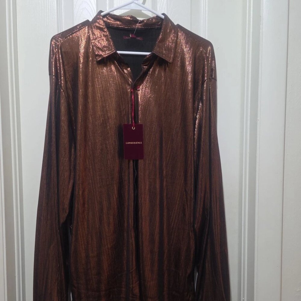 NWT Consequence Men’s L Metallic Bronze Shimmer Button Down Long Sleeve Shirt